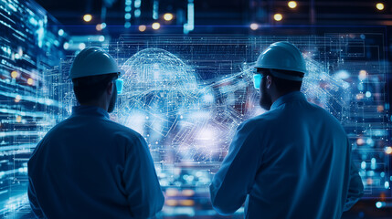 Naklejka premium Engineers Overseeing Digital Manufacturing Plant