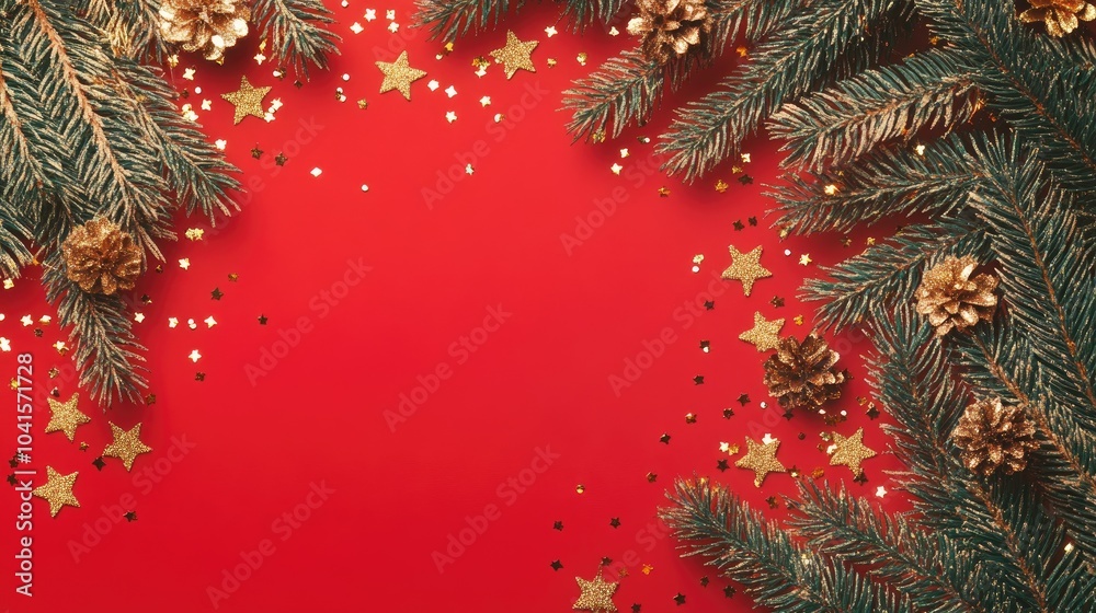 Poster festive banner for christmas and new year featuring a border of soft gold fir branches and scattered