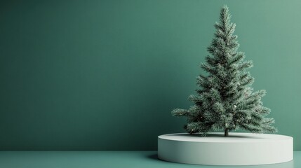 A minimalistic setting featuring a podium accompanied by a Christmas pine tree against a green backdrop