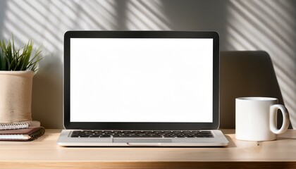 Close up of modern designer desktop with empty mock up laptop on wooden desk, sunlight and shadows. 3D Rendering.