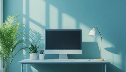 Fototapeta premium Modern minimalist office desk setup featuring a sleek computer, stylish lamp, and a vibrant plant, 3D rendering, clean design, contemporary aesthetics