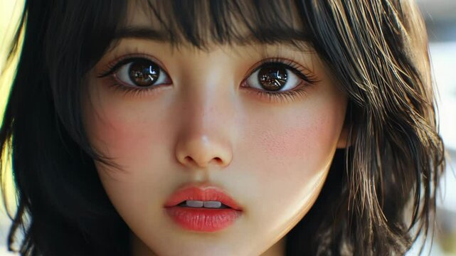 A young woman with black hair looks into the camera