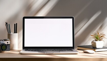 Close up of modern designer desktop with empty mock up laptop on wooden desk, sunlight and shadows. 3D Rendering.