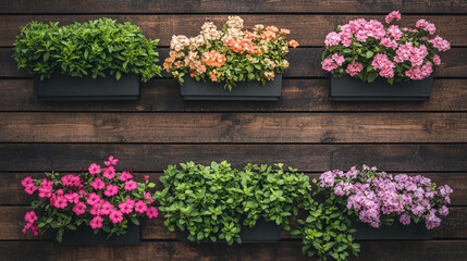Beautiful Flower Arrangement in Hanging Planters on a Wooden Wall