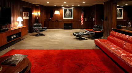 A spacious, mid-century modern living room with a red rug, leather furniture, and a fireplace.