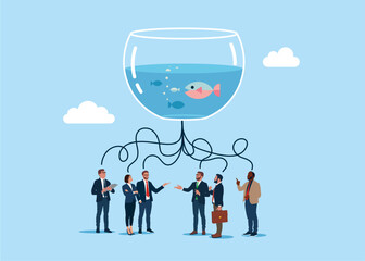 Business people think about fish bowl. Flat vector illustration.