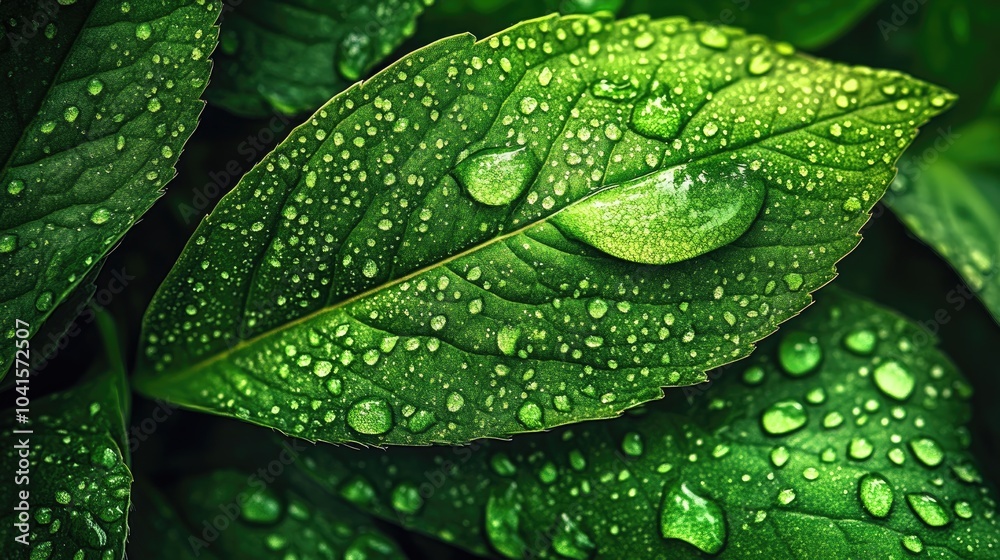 Aufkleber Lush green leaf adorned with water droplets creating an abstract textured background Ideal for use in designs requiring ample copy space Viewed from below
