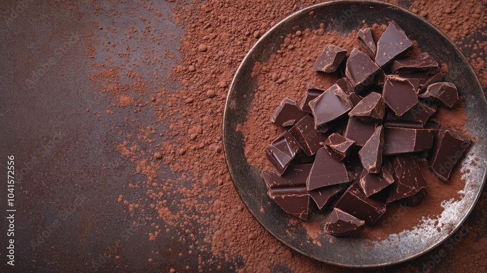 Poster broken chocolate pieces and cocoa powder on a metal plate against a brown background featuring ample