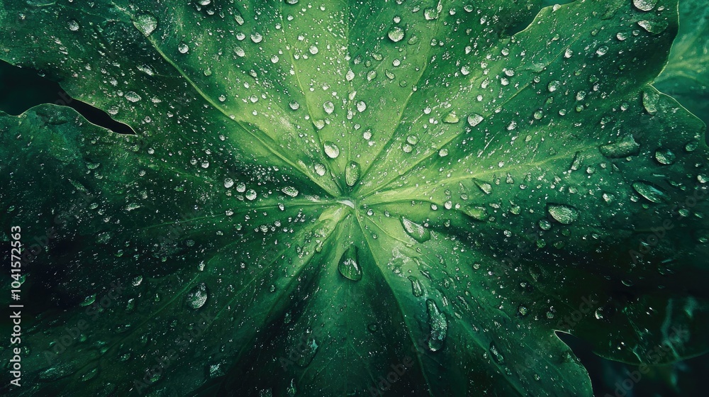 Aufkleber Lush green leaf adorned with water droplets creating an abstract textured background Ideal for use in designs requiring ample copy space Viewed from below
