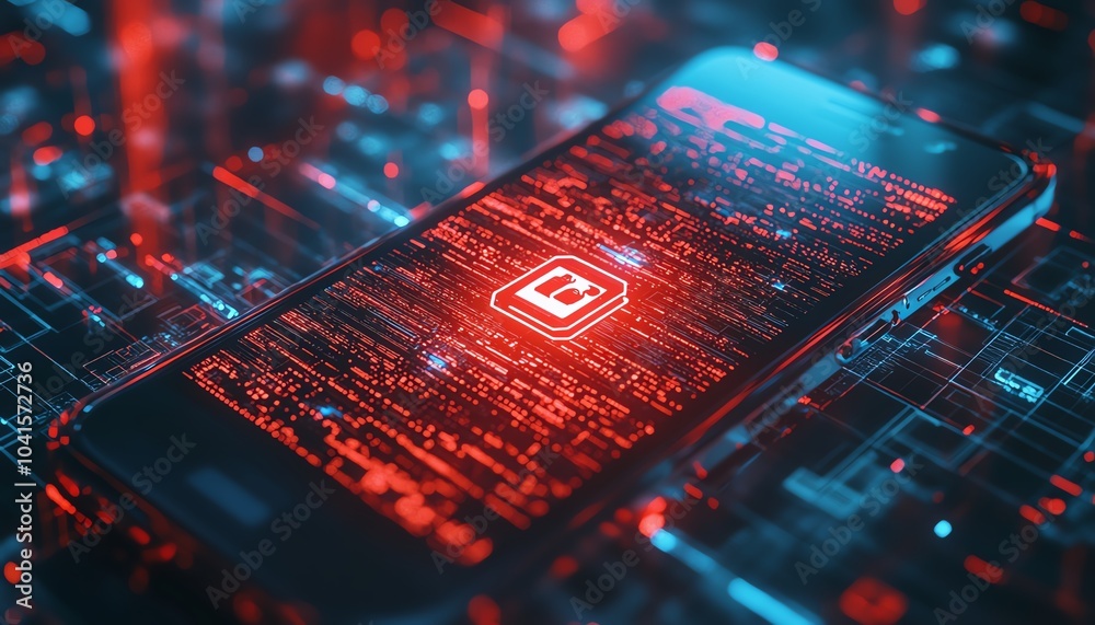 Aufkleber Smartphone screen with a highlighted cybersecurity icon on a dynamic wireframe background, 3D rendering, modern aesthetics, hightech visuals