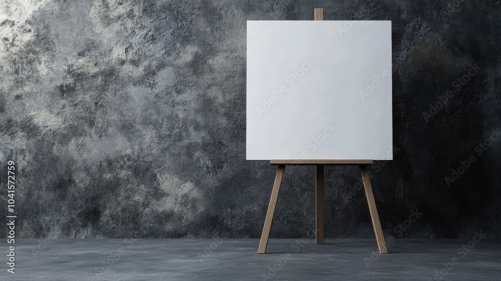 Poster easel featuring a blank white canvas against a textured gray backdrop providing a space for artwork 