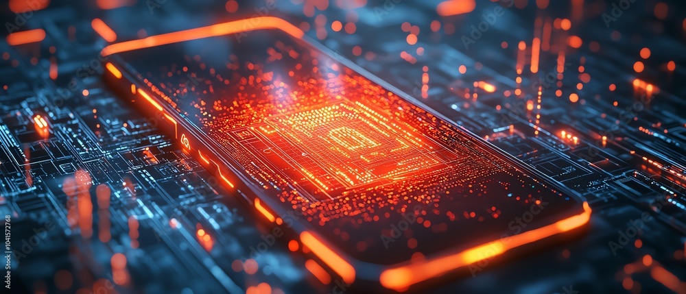 Aufkleber smartphone screen featuring a glowing cybersecurity icon set against a digital wireframe backdrop, 3