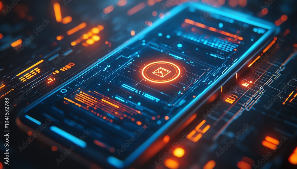 Fototapete smartphone screen with a highlighted cybersecurity icon on a dynamic wireframe background, 3d render
