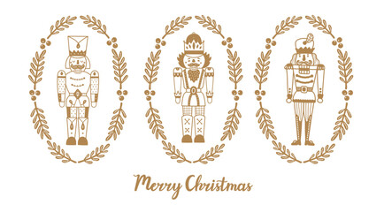 Cute Nutcrackers. Line gold greeting card.  Cute Christmas illustration. 
