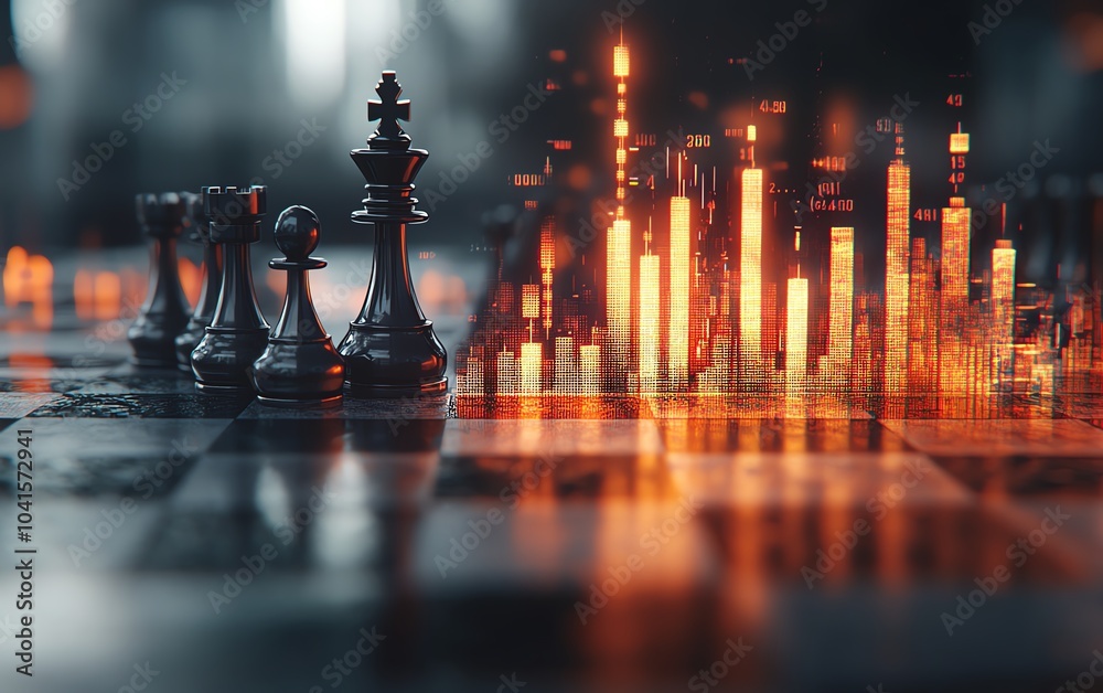 Poster 3d rendering of a chessboard featuring a glowing growing candlestick forex chart, blurred gray bokeh