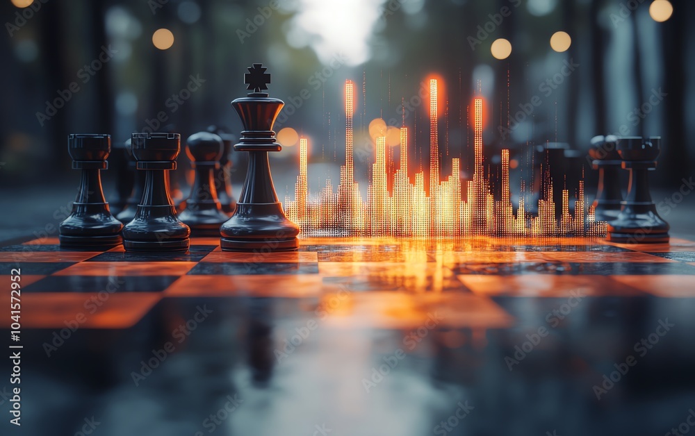 Poster 3d rendering of a chessboard featuring a glowing growing candlestick forex chart, blurred gray bokeh