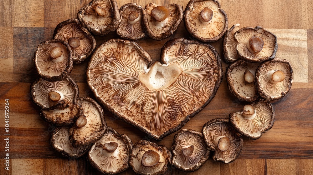 Poster sliced shiitake mushrooms arranged in a heart shape on a wooden cutting board