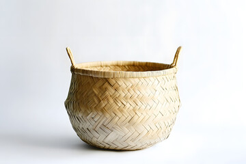 Obraz premium Empty straw, rattan wicker basket on white background Bamboo basket, Storage basket 