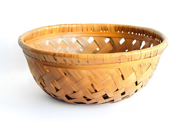 Empty straw, rattan wicker basket on white background Bamboo basket, Storage basket	