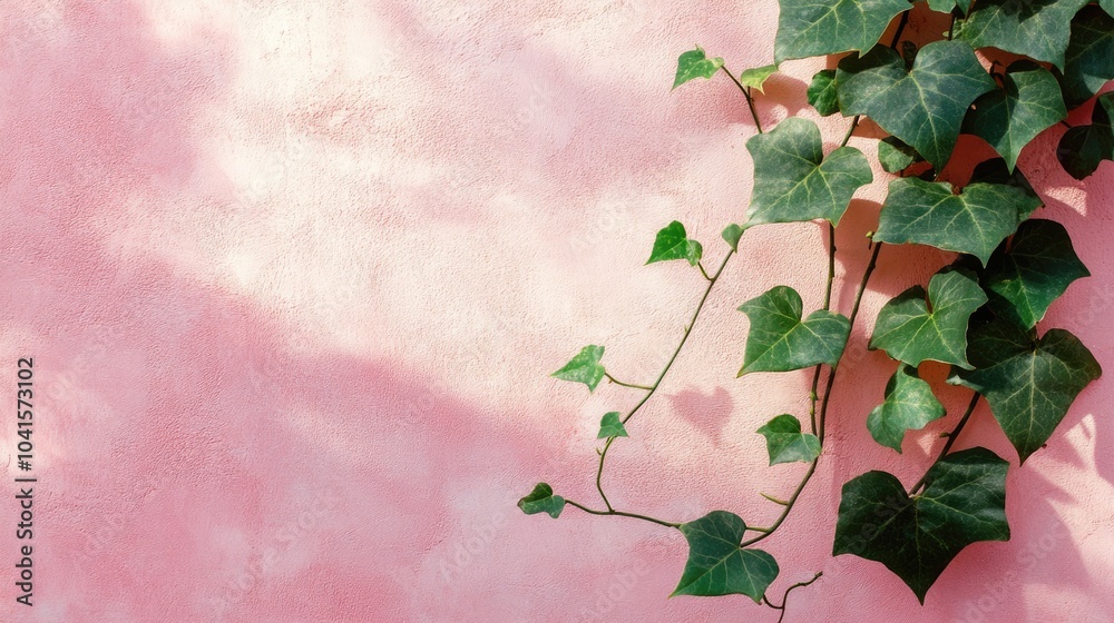 Poster Natural and architectural elements featuring an ivy vine with green leaves against a textured pink wall with shadows High quality image with ample copy space