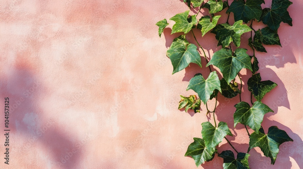 Poster Natural and architectural elements featuring an ivy vine with green leaves against a textured pink wall with shadows High quality image with ample copy space