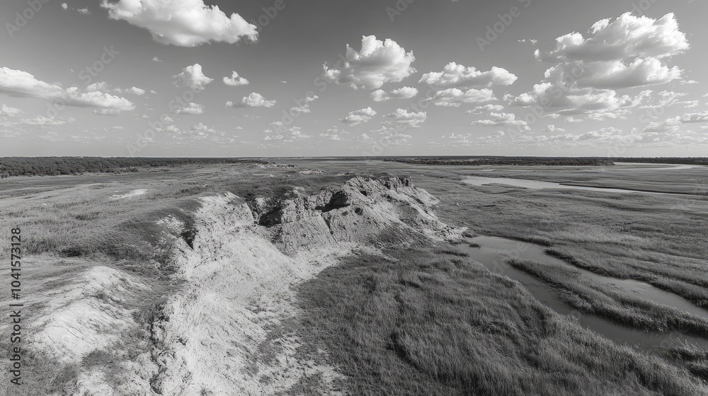 Poster black and white drone view of a remote wilderness landscape in the eastern region showcasing natural