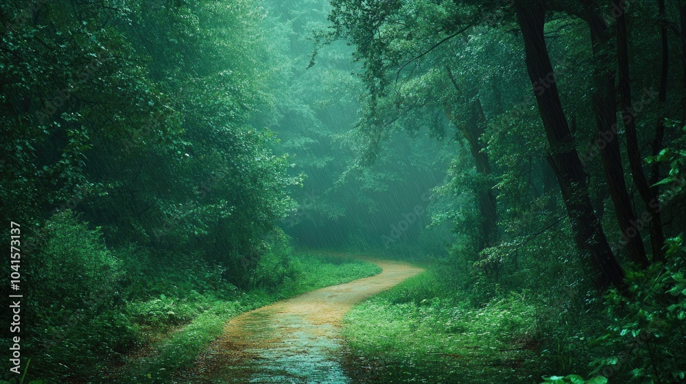 Poster tranquil pathway in a forest during light rain showcasing vibrant greenery