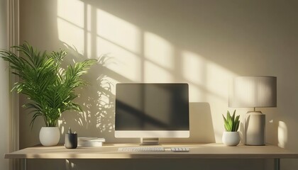 3D rendering of a contemporary minimalist office desk with a computer, chic lamp, and a potted plant, organized layout, bright and inviting atmosphere