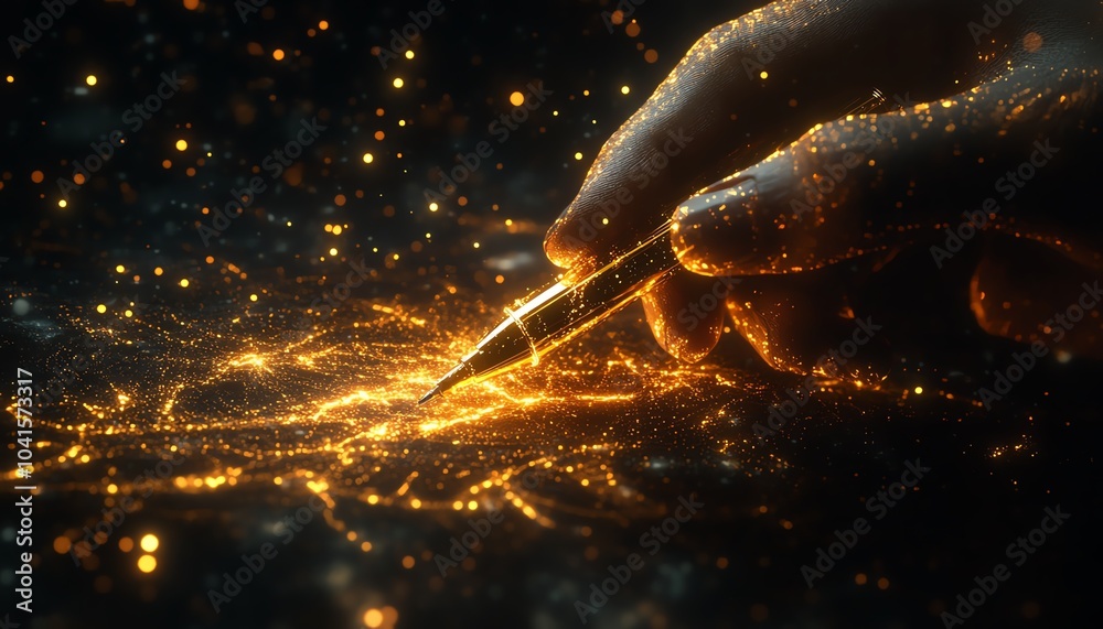 Leinwandbilder 3D rendering of a hand grasping a pen, engaging with dynamic digital data visualization against a dark backdrop, AI generative concept, sleek design