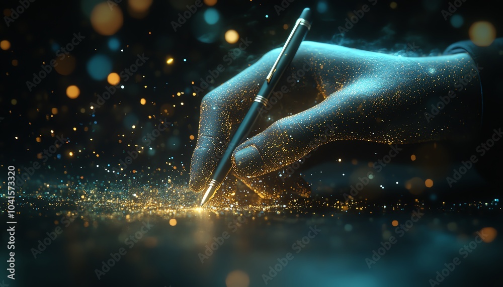 Leinwandbilder 3D rendering of a hand grasping a pen, engaging with dynamic digital data visualization against a dark backdrop, AI generative concept, sleek design