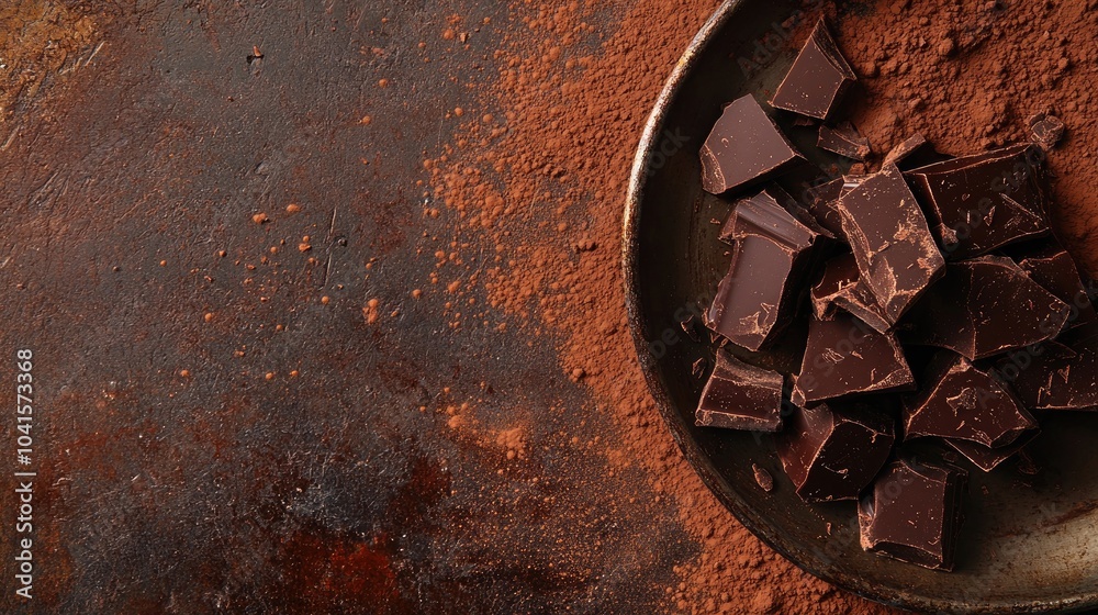 Aufkleber broken chocolate pieces and cocoa powder on a metal plate against a brown background featuring ample