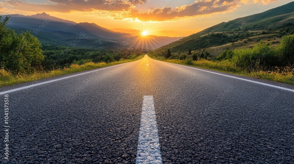 Poster asphalt road surface extending towards a stunning mountain range during sunset high quality image