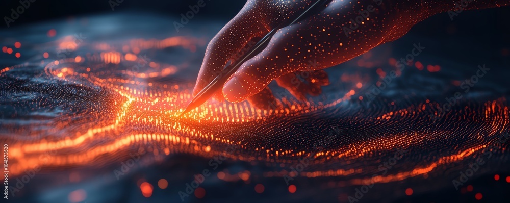 Leinwandbilder 3d rendering of a hand using a pen to engage with vivid digital data visuals on a dark backdrop, mod