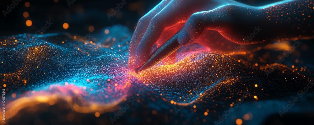 Leinwandbilder 3D rendering of a hand using a pen to engage with vivid digital data visuals on a dark backdrop, modern aesthetics, AI generative art