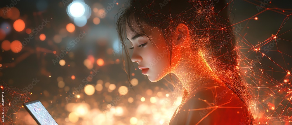 Poster 3D rendering of a woman focused on a laptop, surrounded by dynamic abstract network connections, AI generative design, contemporary workspace atmosphere
