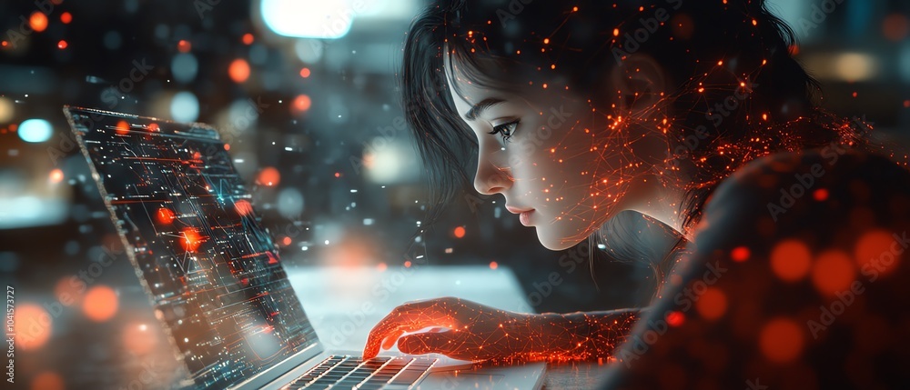 Poster 3D rendering of a woman focused on a laptop, surrounded by dynamic abstract network connections, AI generative design, contemporary workspace atmosphere
