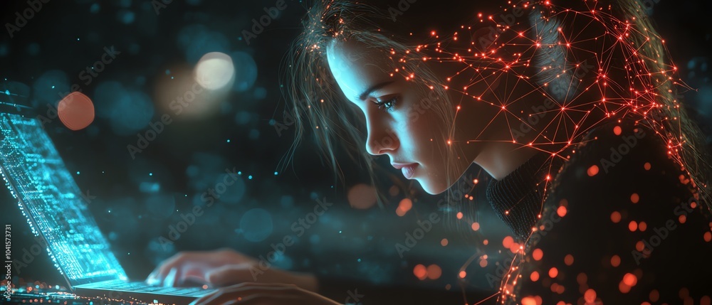 Poster 3D rendering of a woman focused on a laptop, surrounded by dynamic abstract network connections, AI generative design, contemporary workspace atmosphere