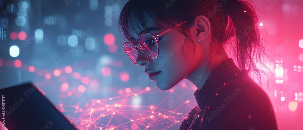 Aufkleber 3D rendering of a woman using a laptop, with abstract network connections visually intertwining in the background, AI generative design, modern visuals