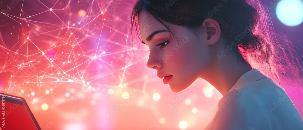 Poster 3D rendering of a woman using a laptop, with abstract network connections visually intertwining in the background, AI generative design, modern visuals