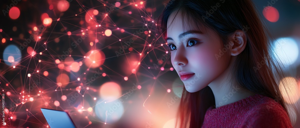 Poster 3D rendering of a woman using a laptop, with abstract network connections visually intertwining in the background, AI generative design, modern visuals