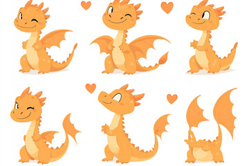 A cute little dragon in various poses, smiling and winking with hearts around it. Designed in a vector illustration style with a chibi character design, featuring simple lines, flat color blocks, and 