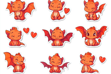 Obraz premium A cute little dragon in various poses, smiling and winking with hearts around it. Designed in a vector illustration style with a chibi character design, featuring simple lines, flat color blocks, and 