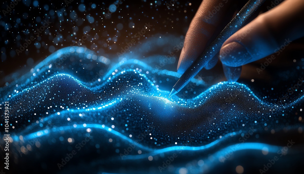 Leinwandbilder 3d visualization of a hand holding a pen, interacting with abstract digital data visuals on a dark b