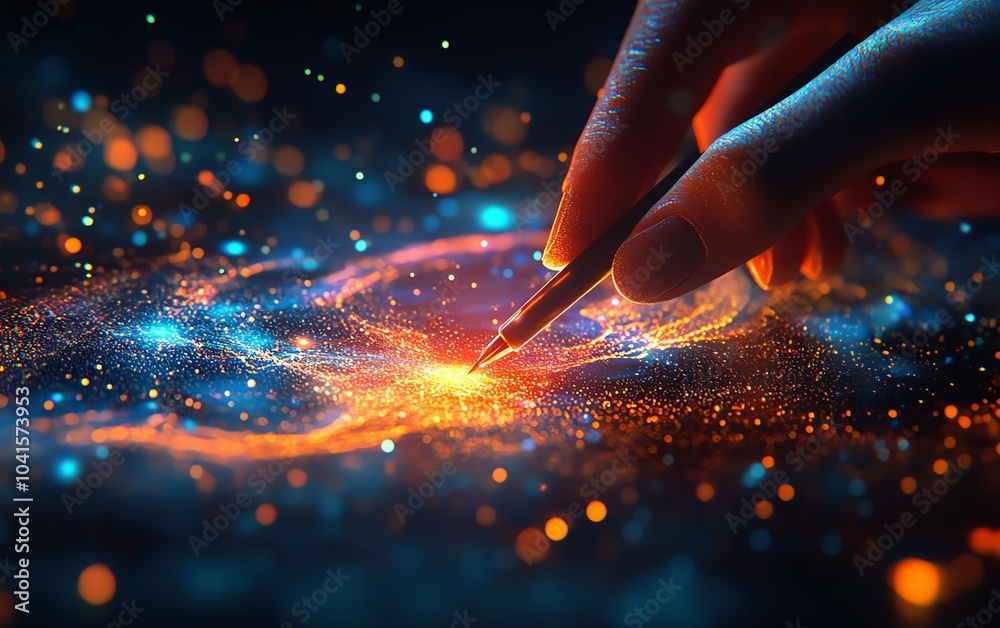 Aufkleber 3D visualization of a hand wielding a pen, interacting with luminous digital data on a dark backdrop, AI generative art, engaging and modern visuals