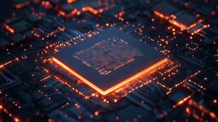Futuristic microchip glowing with orange circuits on a high-tech motherboard. Concept of advanced technology, artificial intelligence, and semiconductor innovation