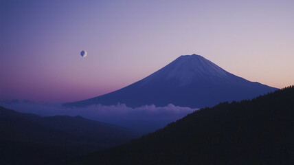 Fototapeta premium ラベンダーと金色の夜明けに富士と満月