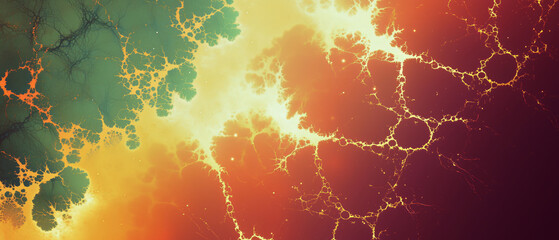 vivid abstract fractal patterns with contrasting green and orange hues forming intricate organic structures in digital art