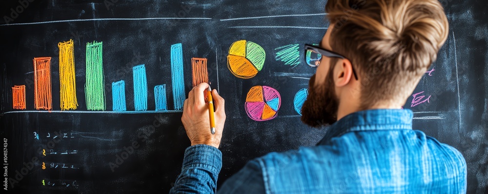 Poster business professional drawing colorful charts and graphs on a blackboard, 3d rendering, engaging pre