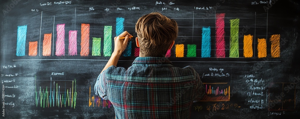 Poster business professional drawing colorful charts and graphs on a blackboard, 3d rendering, engaging pre