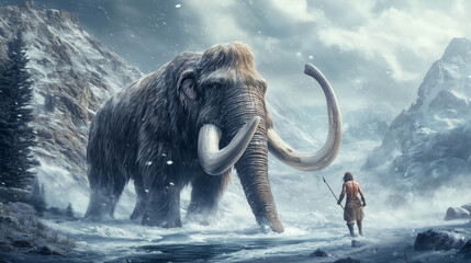 prehistoric hunter faces a massive woolly mammoth in a snowy, mountainous landscape. Epic depiction of Ice Age survival and ancient human history.